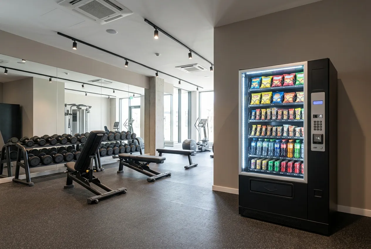 Illustrative vending machine on a gym floor