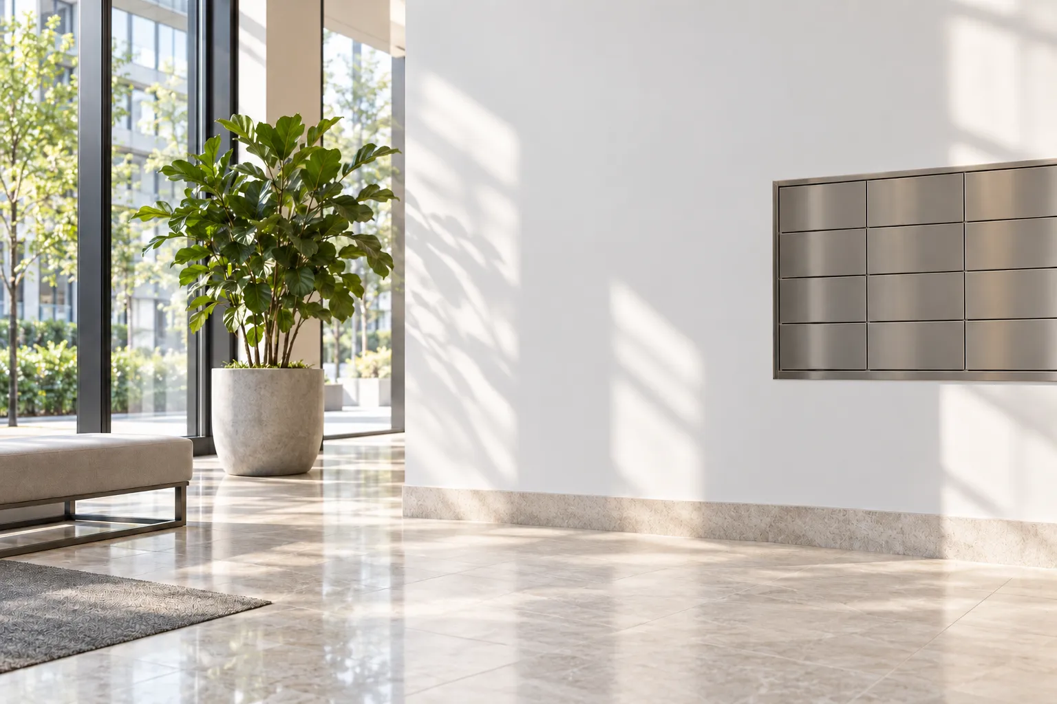 Illustrative empty condo lobby with a plant, tall windows and mailboxes