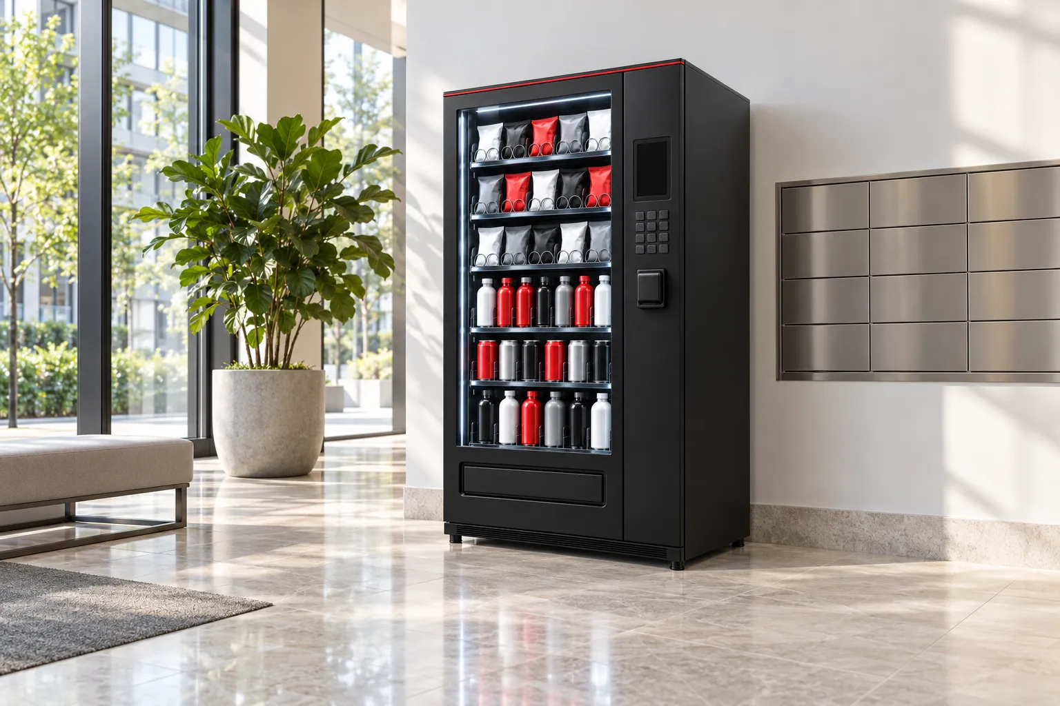 Illustrative condo lobby with a vending machine standing against the white wall